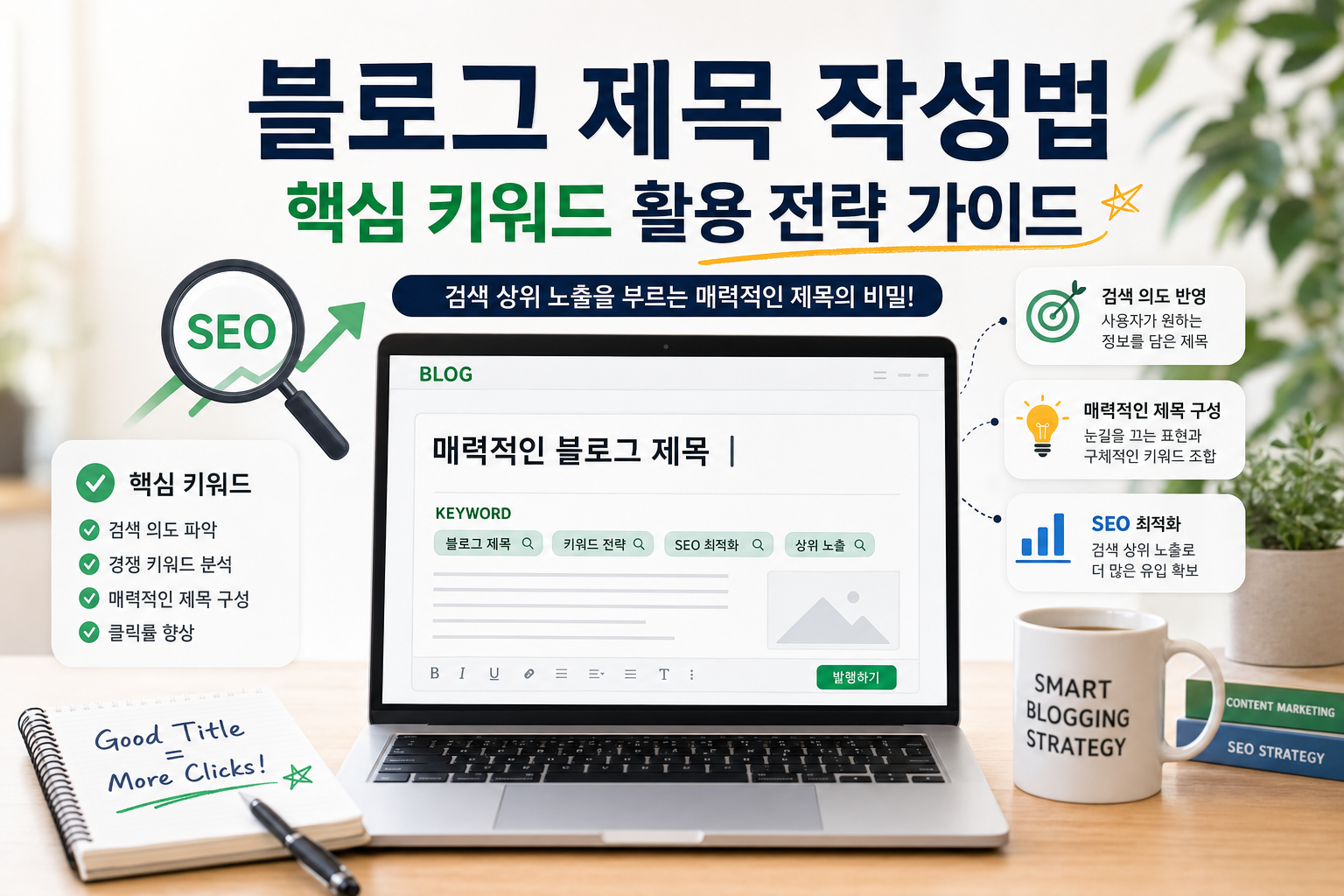 블로그 제목 작성법 핵심 키워드 활용 전략 가이드 관련 AI 이미지
