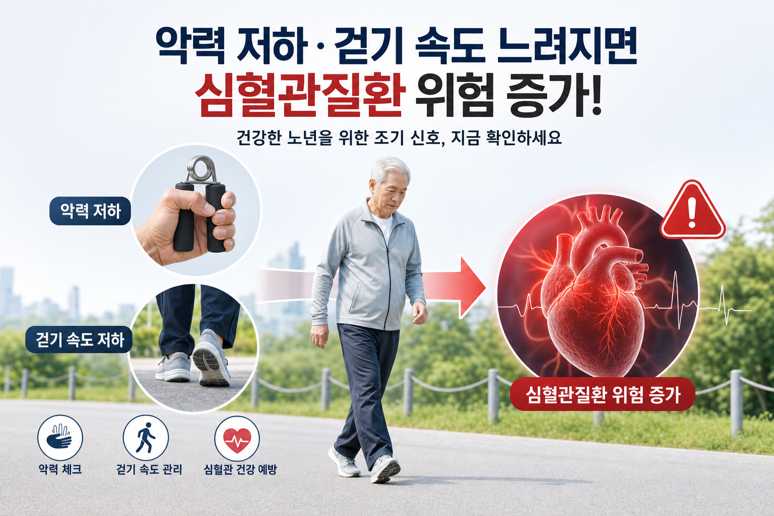 건강 노인 악력저하 걷기속도 심혈관질환 위험 증가 관련 이미지